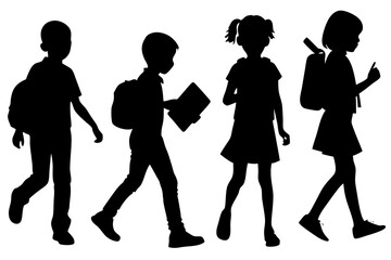 Diverse group of children walking with backpacks and books silhouette