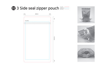 P3_2. 3-sided Sealing Zipper Pouch. Pouch packaging made by heat bonding three sides of the wrapper. Used in food, household goods, and pharmaceutical packaging. © Robert Kim