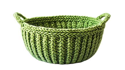 A close up shot of a bright green knitted basket with a ribbed isolated on transparent background