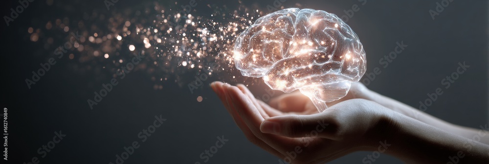 Poster hands hold a glowing brain surrounded by light particles representing knowledge and innovation in a 