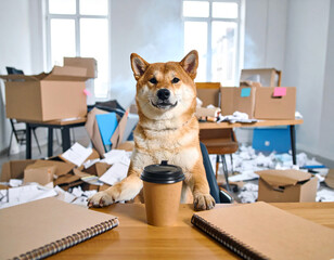 A funny photo of a calm dog in a chaotic, messy room. The perfect "This is Fine" meme template for denial in chaos.