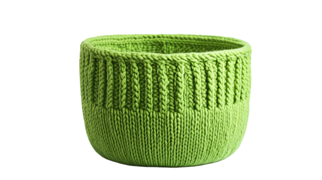 A close up shot of a bright green knitted basket with a ribbed isolated on transparent background
