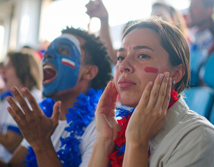 A funny photo of a bored girlfriend next to her ecstatic boyfriend at a sports game. A versatile meme template