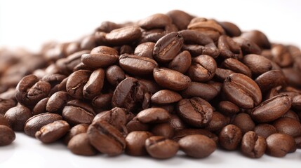 Obraz premium Rich, dark roasted coffee beans are heaped together, showcasing their robust flavor and aroma. Perfect for a fresh brew to start the day on a flavorful note.