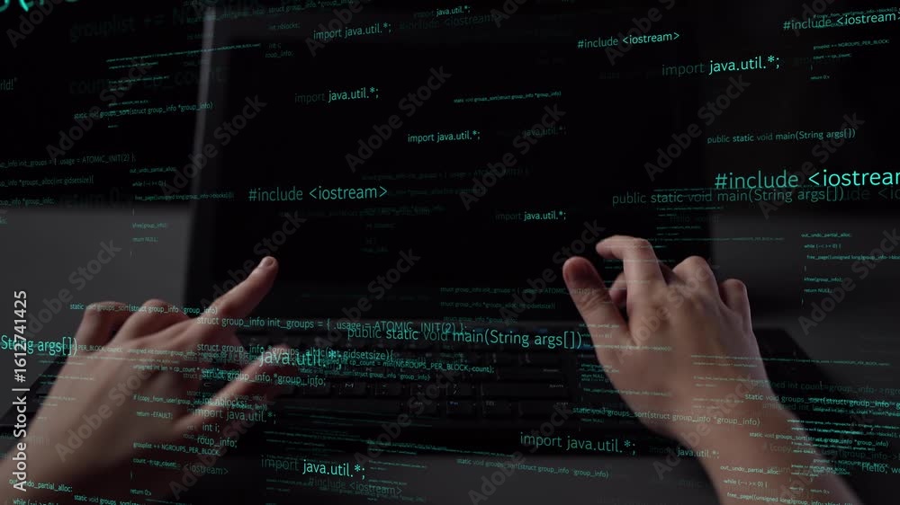 Poster image of a programmer hands typing on a laptop, showcasing code on the screen, representing modern s