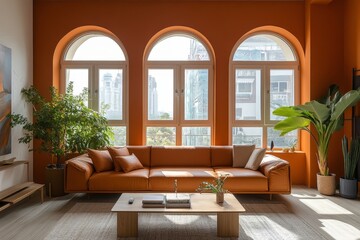 Fototapeta premium Arched window and terra cotta leather sofa in an apartment, adding a touch of warmth and elegance to the modern living room, Generative AI