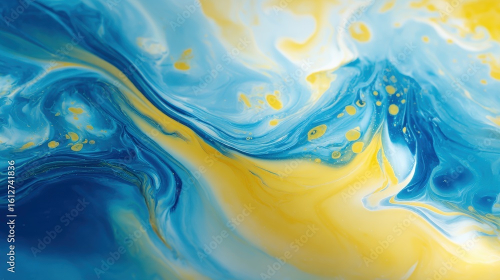Poster vivid swirls of blue and yellow paint blend together in an abstract display, demonstrating the fluid