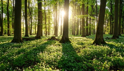 Obraz premium A silent forest bathed in morning sunlight, casting peaceful rays through tall trees