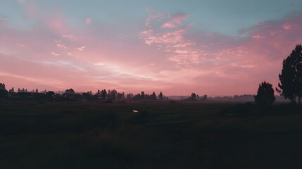 Pink sunrise over a rural landscape.