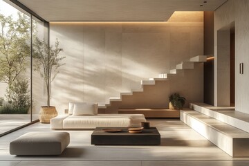 Minimalist interior design of a modern living room featuring a sleek shelving unit, designed for efficient use of space, Generative AI