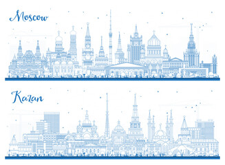 Obraz premium Outline Kazan and Moscow Russia city skyline set with blue buildings. Cityscape with landmarks.