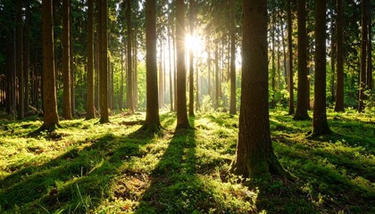 Obraz premium A silent forest bathed in morning sunlight, casting peaceful rays through tall trees