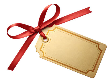 Blank gift tag tied with a red ribbon on a black background