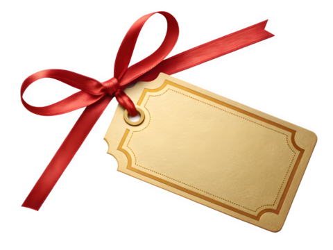 Blank gift tag tied with a red ribbon on a black background