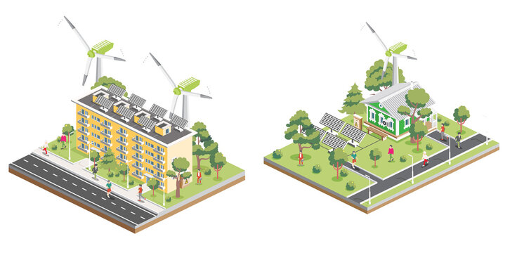 Isometric Old House in suburn and Residential Five Storey Building with Solar Panels and Wind Turbines. Green Eco Friendly House. Infographic Element. City Architecture Isolated on White Background.