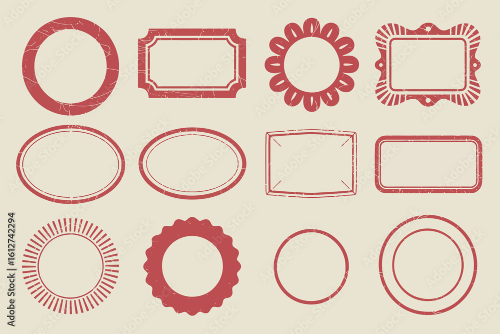 Poster a collection of twelve red vintage style frames in various shapes on a light beige background color