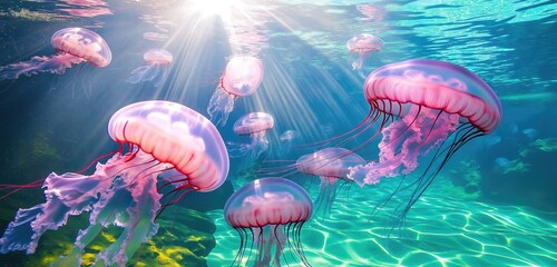 A peaceful deep-sea world where iridescent pink jellyfish float among beams of filtered sunlight, the still turquoise waters surrounding them like a dreamy, liquid sky.