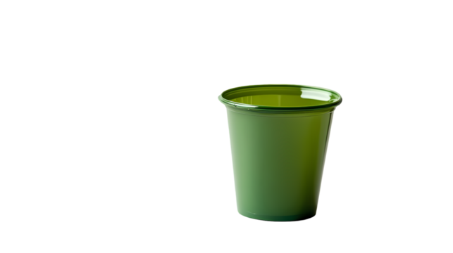 A single green plastic cup stands isolated on transparent background