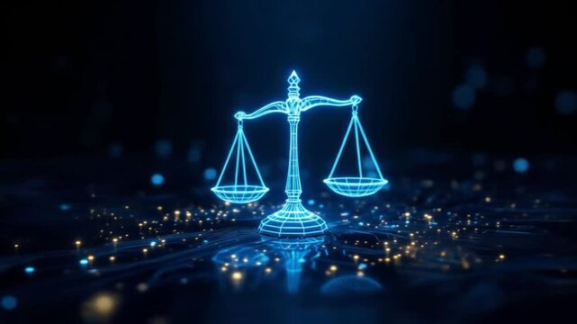 A glowing blue wireframe scales of justice, symbolizing law, balance, and ethical judgment in a digital age