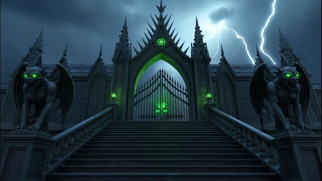 Dark Gothic Castle Entrance with Gargoyle Statues and Thunderstorm