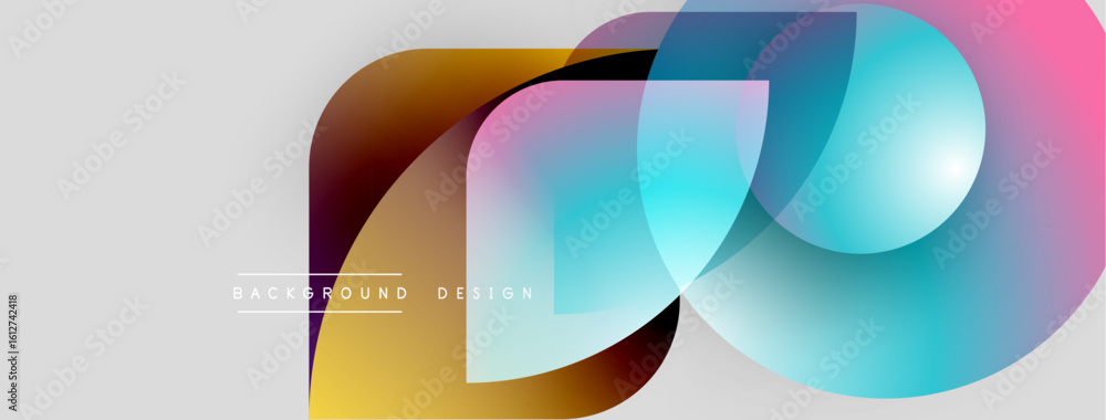 Poster abstract colorful shapes overlap, creating dynamic visual effect. gradient hues blend smoothly, mode