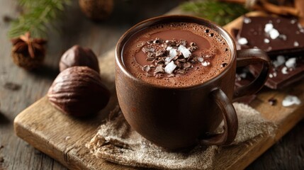 Fototapeta premium A ceramic mug filled with creamy hot chocolate is topped with chocolate shavings and a sprinkle of salt. The cozy setting features nuts and chocolate pieces on a wooden surface.