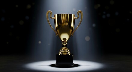 Golden Trophy Symbolizing Achievement and Success Illuminated by Spotlight in Dark Environment Celebrating Victory and Awards Ceremonies