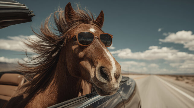 Cool horse wearing sunglasses enjoying fast ride on highway perfect for humor memes road trip themes animal fun and adventure blogs