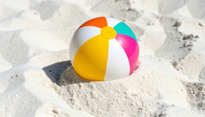 Obraz premium A vibrant, multi-colored inflatable beach ball sits on the soft white sand of a sunny tropical beach, symbolizing summer fun and vacation.