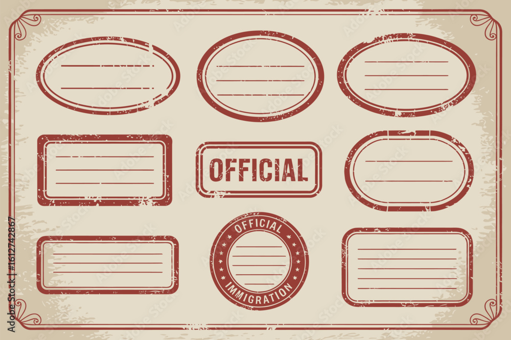 Poster a collection of official stamps in various shapes and sizes arranged on a textured background design