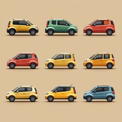 Fototapeta premium Colorful lineup of compact cars showcasing design diversity in a studio setting