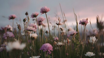 Delicate blossoms in a meadow at dusk.
