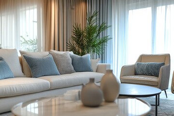 Fototapeta premium Interior design of a modern dining room with wooden dining tables and chairs, set against a blank beige stucco wall with space for text customization, Generative AI