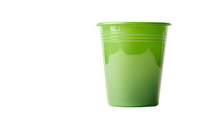 A single green plastic cup stands isolated on transparent background