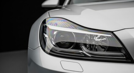 Close Up Detail of a Modern Luxury Car Headlight with LED Daytime Running Lights