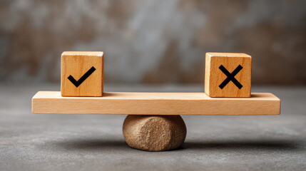 Yes and no blocks balanced on wooden seesaw symbolizing decision making choice balance pros and cons for business and ethics content