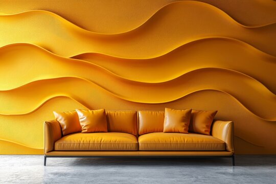 Abstract yellow wavy melted paneling wall with a leather sofa, designed for a modern living room with bold, artistic elements, Generative AI - Powered by Adobe