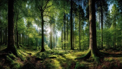 Naklejka premium Lush forest floor bathed in sunlight