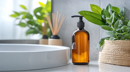 Amber Refill Bottle on Bathroom Sink with Green Plants – Natural Skincare Mockup
