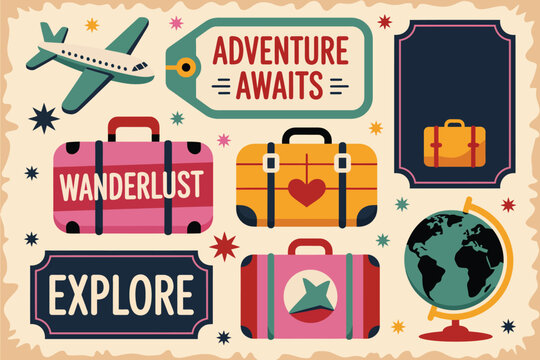 A travel themed illustration featuring suitcases, a globe, airplane and adventure awaits message