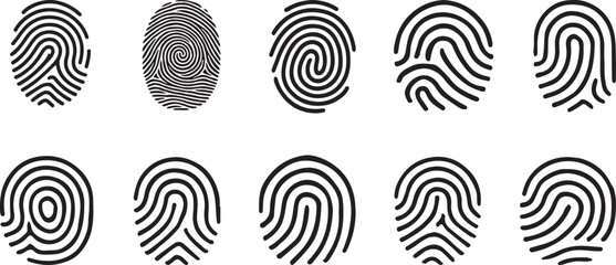 Diverse collection of fingerprint designs showcasing unique patterns for security and identification applications biometric data and individual recognition with vector graphics