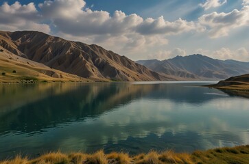 Serene mountain lake reflecting dramatic cloudy sky