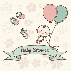 Fototapeta premium Adorable card design featuring pacifiers, bibs, strollers, and baby bottles in soft pastel shades. 