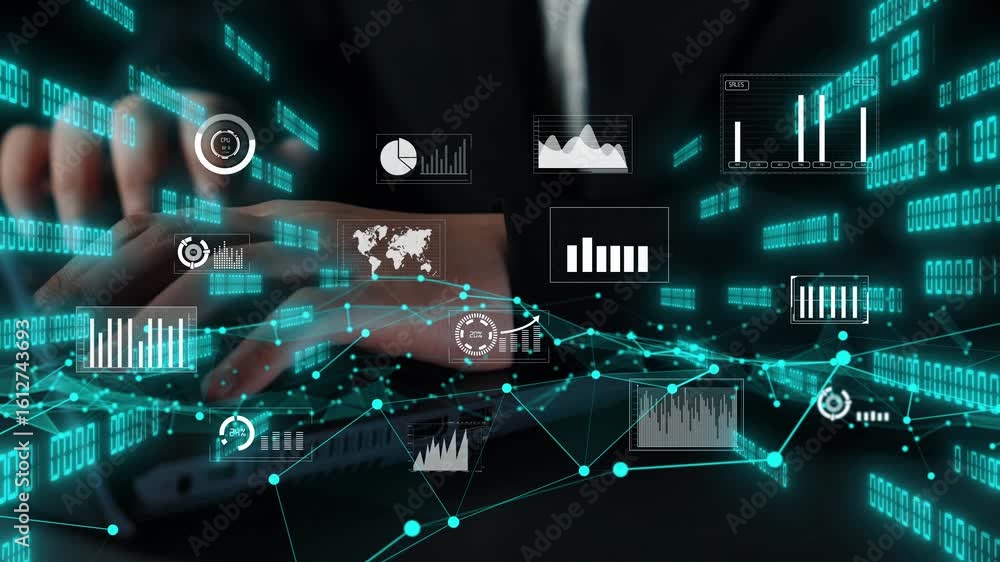 Poster a business professional engages in data analysis, utilizing advanced visualization tools on a laptop