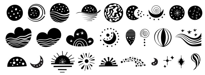 Creative black and white illustrations of celestial and abstract designs in a seamless layout