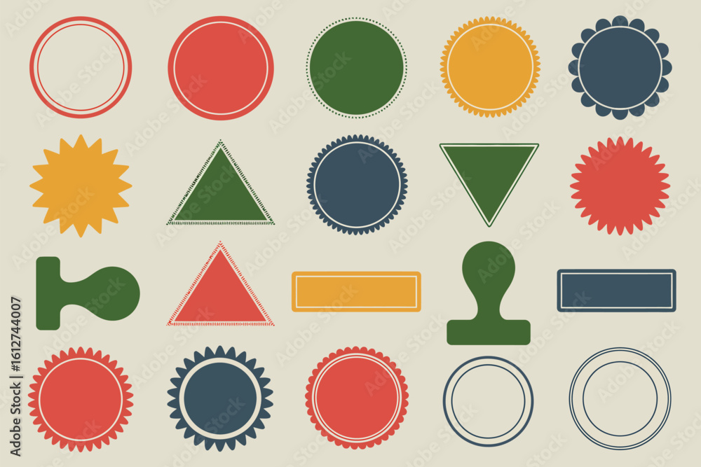 Poster various colorful geometric shapes including circles triangles and stars on a beige background design
