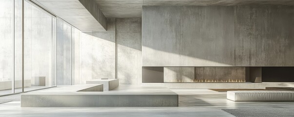 Obraz premium Spacious room with concrete-finished walls, showcasing a loft-style minimalist interior design for a modern living room, complete with a long fireplace, Generative AI