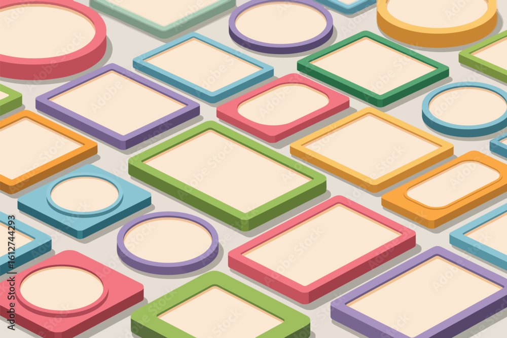 Fototapete isometric view of colorful frames in varied shapes and colors arranged in a repeating pattern on a s