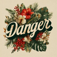 Floral design featuring the word Danger in vibrant colors on a textured background with tropical elements
