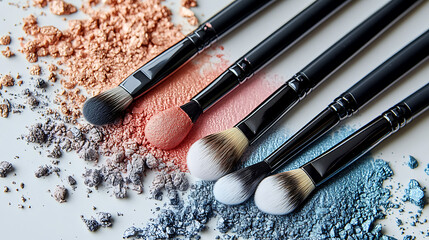Makeup Brushes with Crushed Eyeshadow – Glamorous Flat Lay Beauty Concept